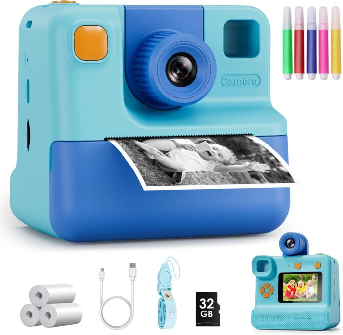 Kids Camera Instant Print – FHD Selfie Digital Video Camera with 32GB Card